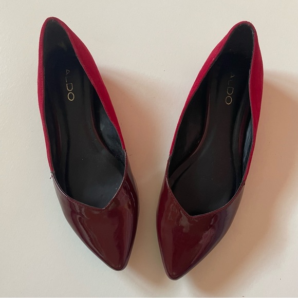 ALDO | 7.5 | Red Burgundy Point Toe Flats | Suede Patent - Picture 2 of 8